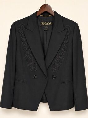 Vintage Escada Black Double-Breasted Embroidered Blazer